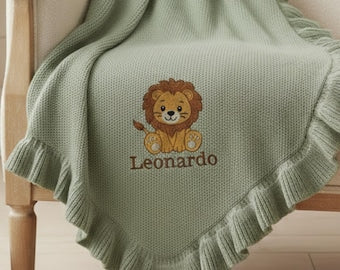 Custom Lion Baby Blanket, Personalized Embroidered Baby Name Blanket, Safari Nursery Decor,Newborn Gift,Baby Shower Gift,Cotton Baby Blanket