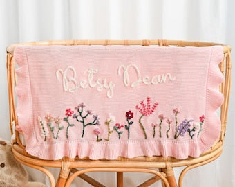 Personalized Handmade Floral Ruffle Blanket| Pregnancy Announcement| Gift for Baby Shower|Embroidered Kid's Blanket | Unique Newborn Blanket
