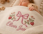 Embroidered Custom Name Strawberry Blanket, Personalized Baby Blanket, Pink Bow Newborn Gift for Girl, Soft Knit Keepsake
