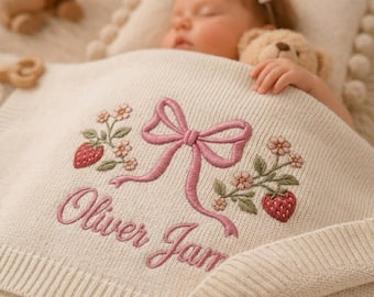 Embroidered Custom Name Strawberry Blanket, Personalized Baby Blanket, Pink Bow Newborn Gift for Girl, Soft Knit Keepsake