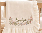 Personalized Wreath Baby Blanket, Custom Name Soft Knit Blanket, Wildflower Newborn Blanket, Nursery Gift