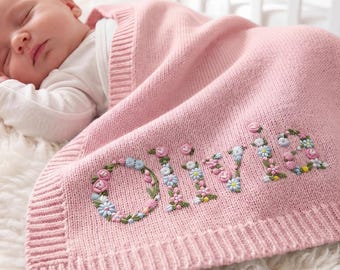 Personalized Baby Blanket with Floral Name, Embroidered Flower Name Baby Blanket, Newborn Cotton Blanket, Baby Shower Gift, Nursery Keepsake