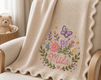 Floral Personalized Embroidered Baby Blanket, Cute Butterfly Soft Knit Blanket, Wildflower Newborn Blanket, Nursery, Baby Blanket