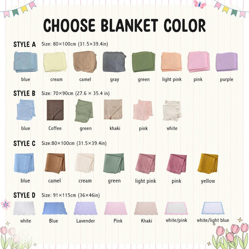 May include: A chart displaying various blanket colors, including blue, cream, camel, gray, green, light pink, pink, purple, coffee, khaki, white, and yellow. The blankets are shown in different styles and sizes, with measurements in inches