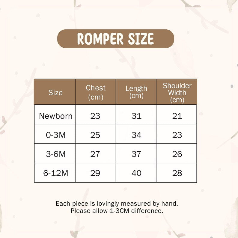 May include: A brown chart titled "ROMPER SIZE" with size measurements in centimeters. Sizes include Newborn, 0-3M, 3-6M, and 6-12M, with corresponding chest, length, and shoulder width measurements. The text at the bottom says, "Each piece