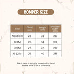 May include: A brown chart titled "ROMPER SIZE" with size measurements in centimeters. Sizes include Newborn, 0-3M, 3-6M, and 6-12M, with corresponding chest, length, and shoulder width measurements. The text at the bottom says, "Each piece