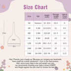 May include: A size chart for baby rompers, with measurements in inches. The chart includes sizes from Newborn to 24 months, with corresponding height, romper length, and chest measurements. A hat graphic is also shown, measuring 12 inches 