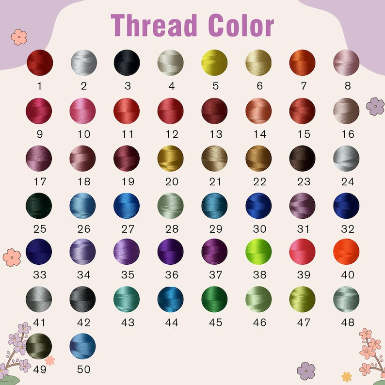 May include: A color chart with the text "Thread Color" at the top. The chart displays 50 different thread colors, each represented by a small, numbered circle. Colors range from red and black to blue and green.