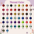 May include: A color chart titled "Thread Color" with 50 numbered thread color options. The colors range from reds and pinks to blues, greens, and purples. Each color is displayed as a small, solid circle.