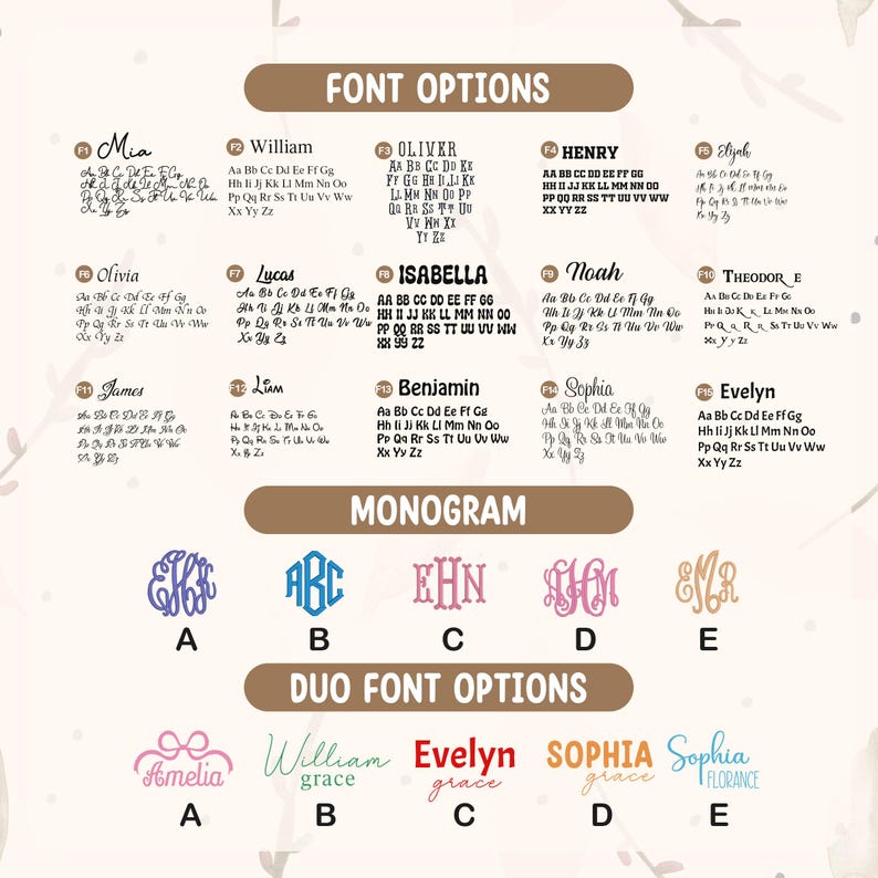 May include: Font options and monogram examples are displayed on a beige background. The image shows various font styles, including script and block letters, for names and monograms. Monogram examples are shown in a circle, square, and othe
