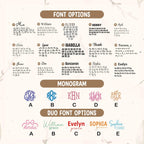 May include: Font options and monogram examples are displayed on a beige background. The image shows various font styles, including script and block letters, for names and monograms. Monogram examples are shown in a circle, square, and othe