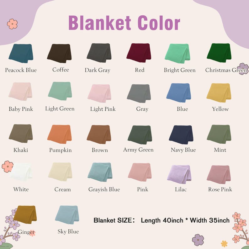 May include: A color chart displaying folded blankets in various colors, including Peacock Blue, Coffee, and Dark Gray. The text "Blanket Color" is at the top. Blanket size is 40 inches long and 35 inches wide.