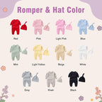 May include: A display of baby rompers and matching hats in various colors, including red, pink, light pink, blue, mint, light yellow, beige, white, gray, khaki, and black. The text "Romper & Hat Color" is at the top.