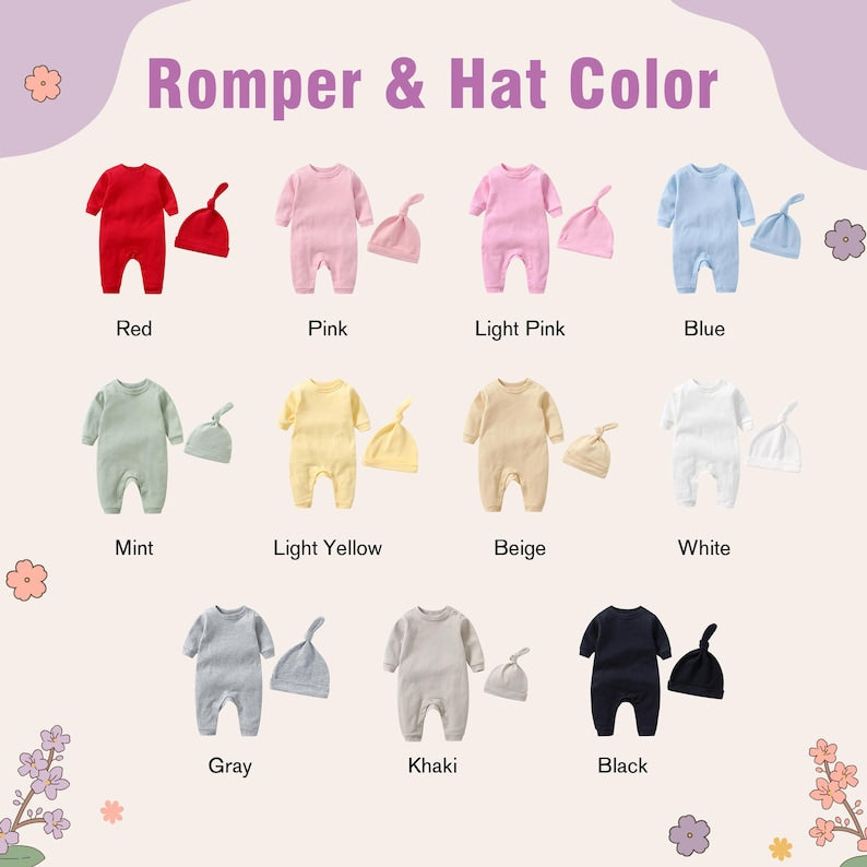 May include: A variety of baby rompers and matching hats in various colors are displayed against a light background. Colors include red, pink, light pink, blue, mint, light yellow, beige, white, gray, khaki, and black. The text "Romper & Ha