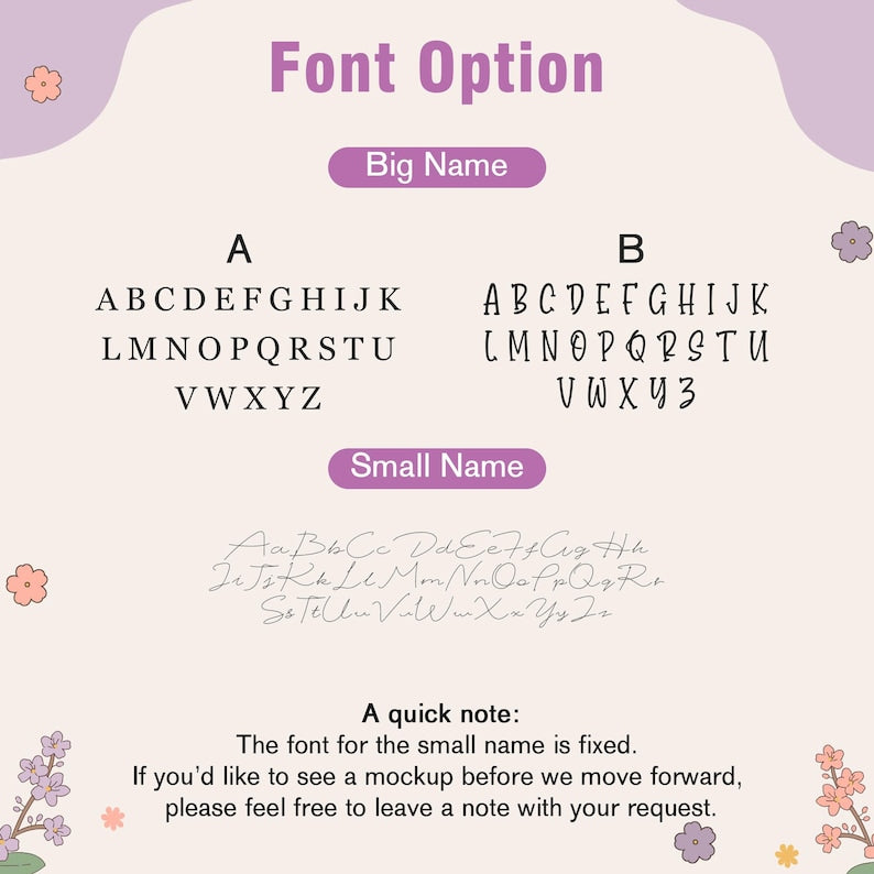 May include: A graphic displaying font options for personalization. It features two font styles for "Big Name" and a cursive font for "Small Name." Text includes "Font Option," "Big Name," "Small Name," and a note about the small name font.