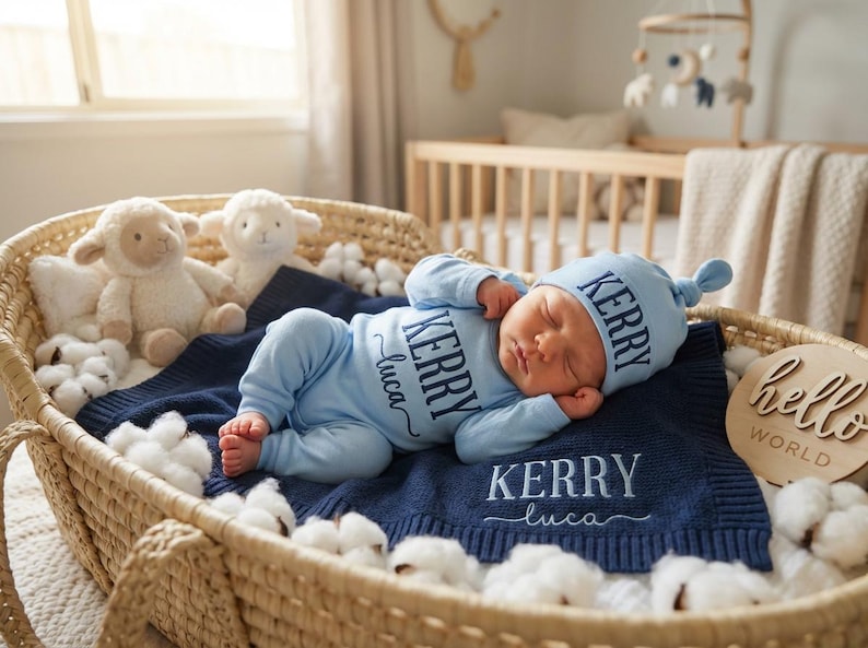 May include: A newborn baby wearing a light blue outfit and matching hat, with the name "Kerry Luca" embroidered on the outfit and blanket, is nestled in a woven basket. The basket is lined with a navy blue blanket and surrounded by cotton 