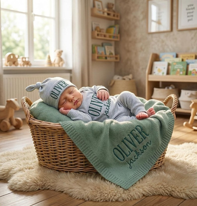 May include: A sleeping baby wearing a gray hat and onesie, nestled in a wicker basket on a fluffy rug. The hat, onesie, and a green blanket are embroidered with the name "OLIVER Jackson". The basket is lined with a green blanket.