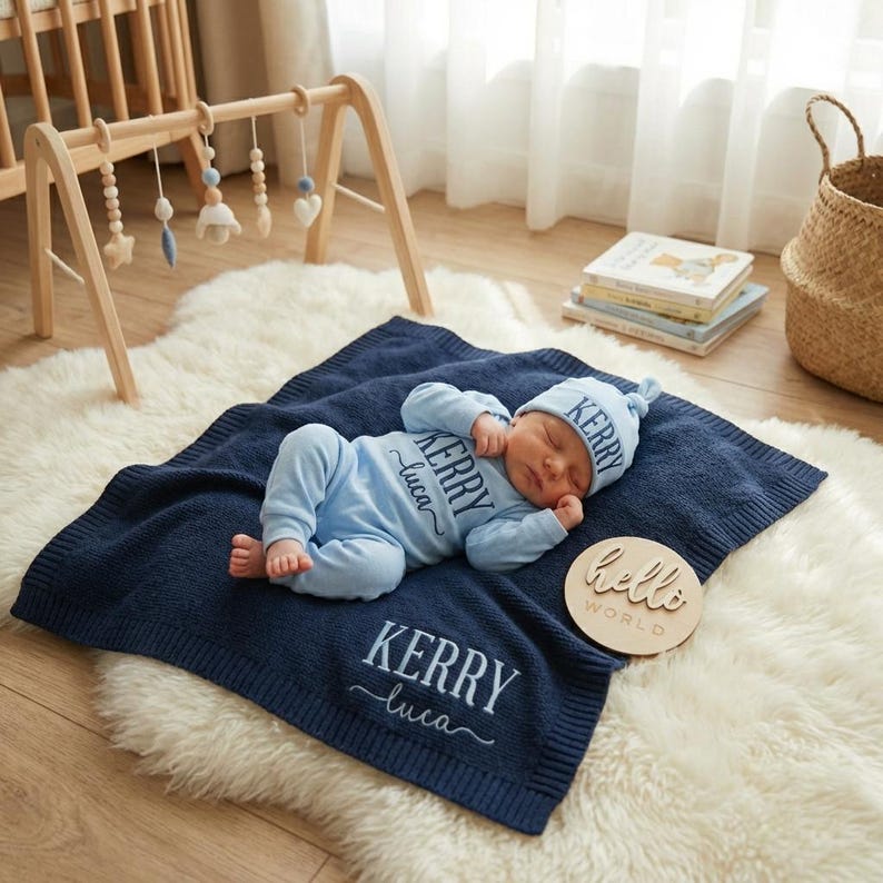 May include: A newborn baby wearing a light blue outfit and matching hat, sleeping on a navy blue blanket. The blanket and hat are embroidered with the name "Kerry Luca". A wooden sign with "hello world" is next to the baby.