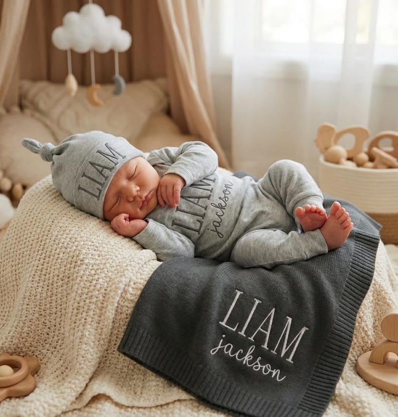 May include: A newborn baby wearing a gray hat, long-sleeved onesie, and blanket, all embroidered with the name "LIAM Jackson" in white. The baby is lying on a cream-colored knitted blanket, with a gray blanket underneath. A cloud mobile ha