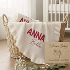 May include: A cream-colored baby blanket with the name "ANNA Belle" embroidered in burgundy, placed in a wicker basket. A wooden sign with "Welcome Baby!" and a stork illustration is next to the blanket. The blanket has a ruffled edge.