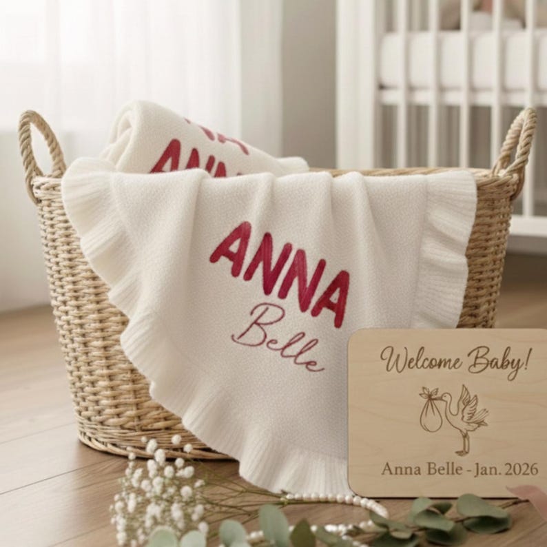 Personalized Goose Baby Blanket, Embroidered Baby Goose Blanket, Cotton Baby Name Ruffle Blanket, Baby Shower Gift, First Birthday Gift image 7