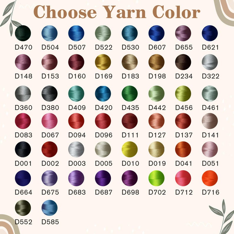 May include: A color chart with the text "Choose Yarn Color" above a grid of 48 yarn color samples. Each color is represented by a small circle with a unique code. Colors range from dark green to orange and purple.