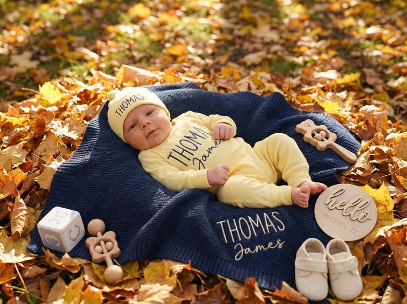 May include: A baby wearing a yellow outfit and hat with the name "Thomas" on them, lying on a navy blue blanket with the name "Thomas James" embroidered on it. The scene includes wooden toys, baby shoes, and a "hello world" sign.