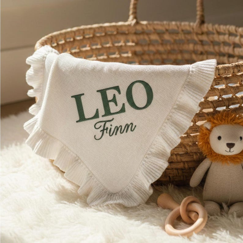 Personalized Lion Baby Blanket, Custom Embroidered Baby Name Blanket, Safari Nursery Decor, Newborn Gift, Baby Shower Gift, Cotton Blanket image 2