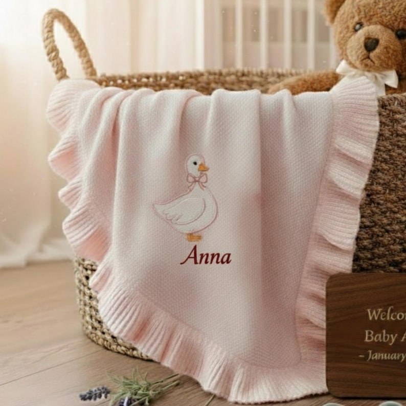Personalized Goose Baby Blanket, Embroidered Baby Goose Blanket, Cotton Baby Name Ruffle Blanket, Baby Shower Gift, First Birthday Gift image 2