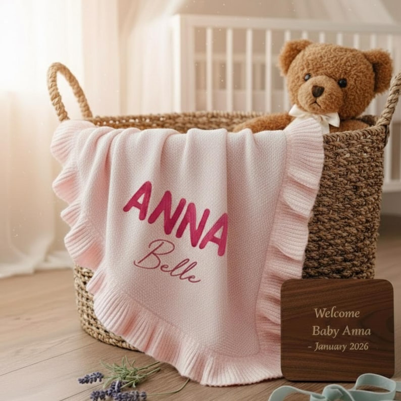 May include: A pink baby blanket with the name "ANNA Belle" in magenta lettering and a ruffled edge, inside a woven basket with a teddy bear. A wooden sign reads "Welcome Baby Anna - January 2026."
