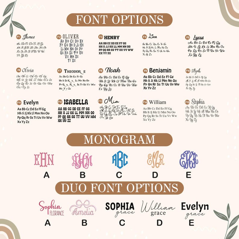 May include: A graphic showcasing various font options, monograms, and duo font choices. The image displays different styles for names and initials, including script and block letters, with examples for personalization.