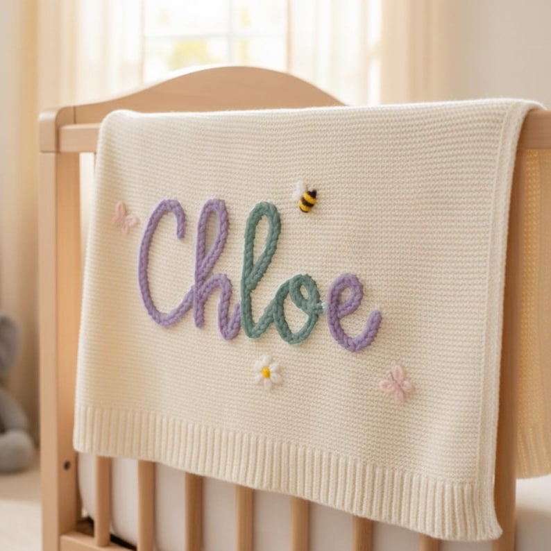 May include: Cream-colored baby blanket with the name "Chloe" in purple and teal script. The blanket is decorated with a small bee, a daisy, and two butterflies. The blanket is draped over a wooden crib.
