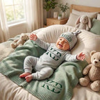 May include: A smiling baby wearing a gray onesie and hat, both with "KAYLEN BROWN" in green lettering, lies on a green blanket. The blanket also features the same lettering. Two teddy bears and a stuffed bunny are nearby. The baby is on a 