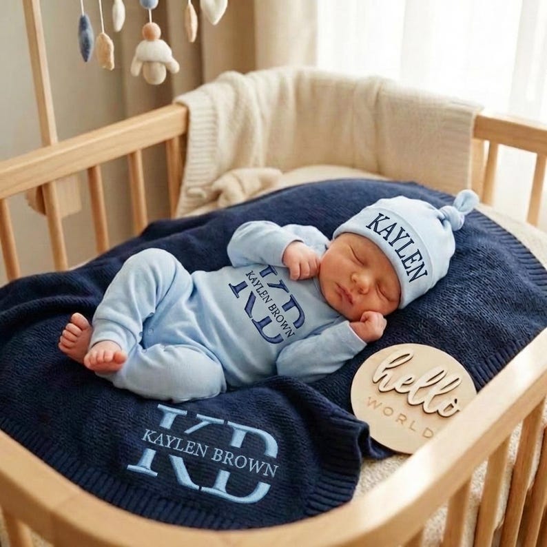 May include: A newborn baby wearing a light blue outfit and hat, lying on a navy blue blanket inside a wooden crib. The hat and blanket are embroidered with the name "KAYLEN BROWN". A wooden disc with "hello world" is next to the baby.