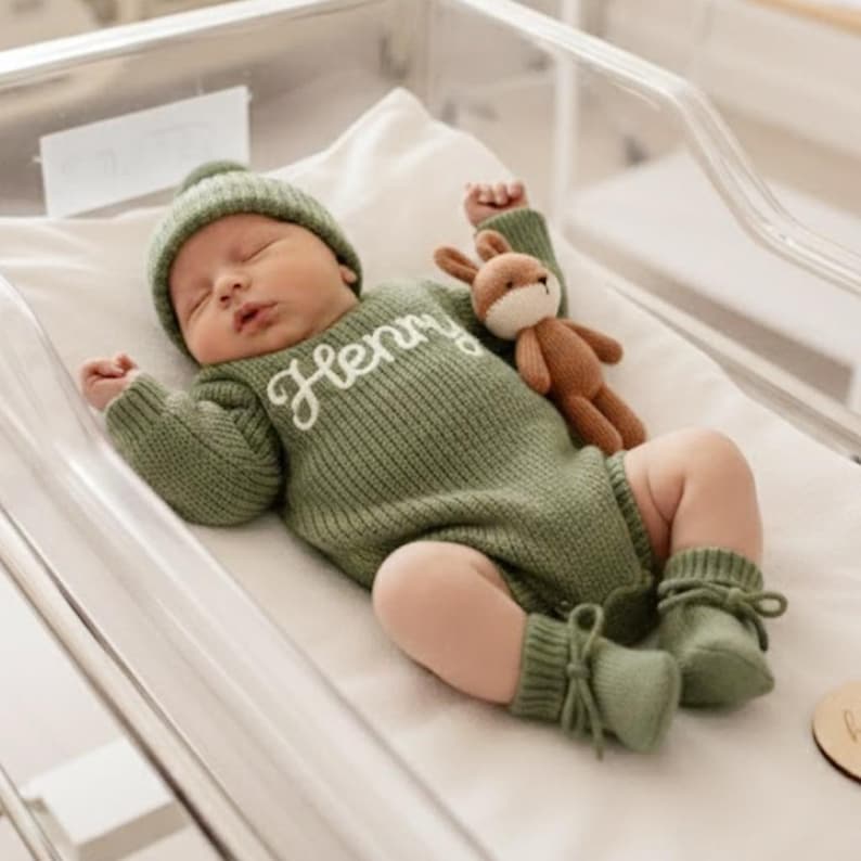 May include: A newborn baby wearing a green knit outfit, including a hat, bodysuit with the name "Henry", and booties. A small brown stuffed animal is nestled beside the baby. The baby is lying on a white surface inside a clear bassinet.