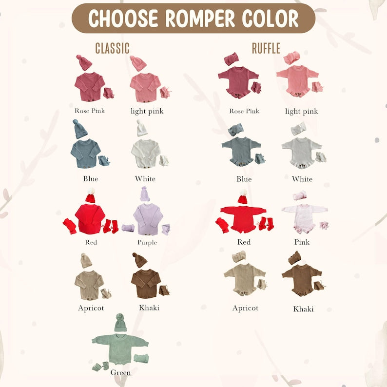 May include: An image showcasing baby rompers in various colors, including rose pink, light pink, blue, white, red, purple, apricot, khaki, and green. The text "CHOOSE ROMPER COLOR" is at the top. The rompers are displayed in both classic a