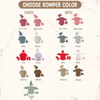 May include: An image showcasing baby rompers in various colors, including rose pink, light pink, blue, white, red, purple, apricot, khaki, and green. The text "CHOOSE ROMPER COLOR" is at the top. Two styles are shown: Classic and Ruffle.