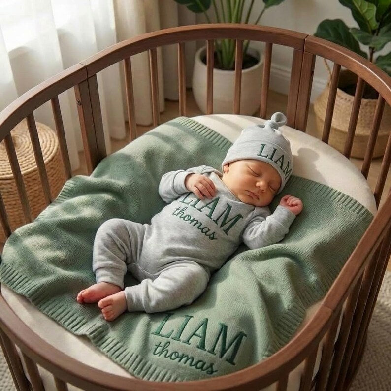 May include: A sleeping baby wearing a gray hat and onesie, both embroidered with the name "LIAM" and the last name "thomas" in green. The baby is lying on a green blanket inside a wooden crib.