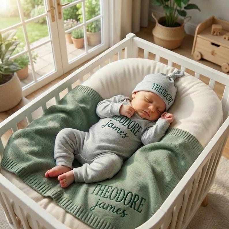 May include: A sleeping baby wearing a gray hat and onesie, both embroidered with the name "THEODORE james." The baby is lying on a cream-colored pillow inside a white crib, covered by a green blanket also embroidered with the name.
