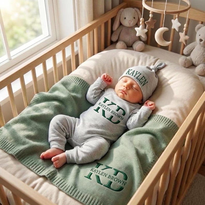 May include: A sleeping baby wearing a gray hat and onesie, both embroidered with the name "KAYLEN" and "KAYLEN BROWN". The baby is lying on a green blanket inside a wooden crib. A mobile with stars and a moon hangs above.