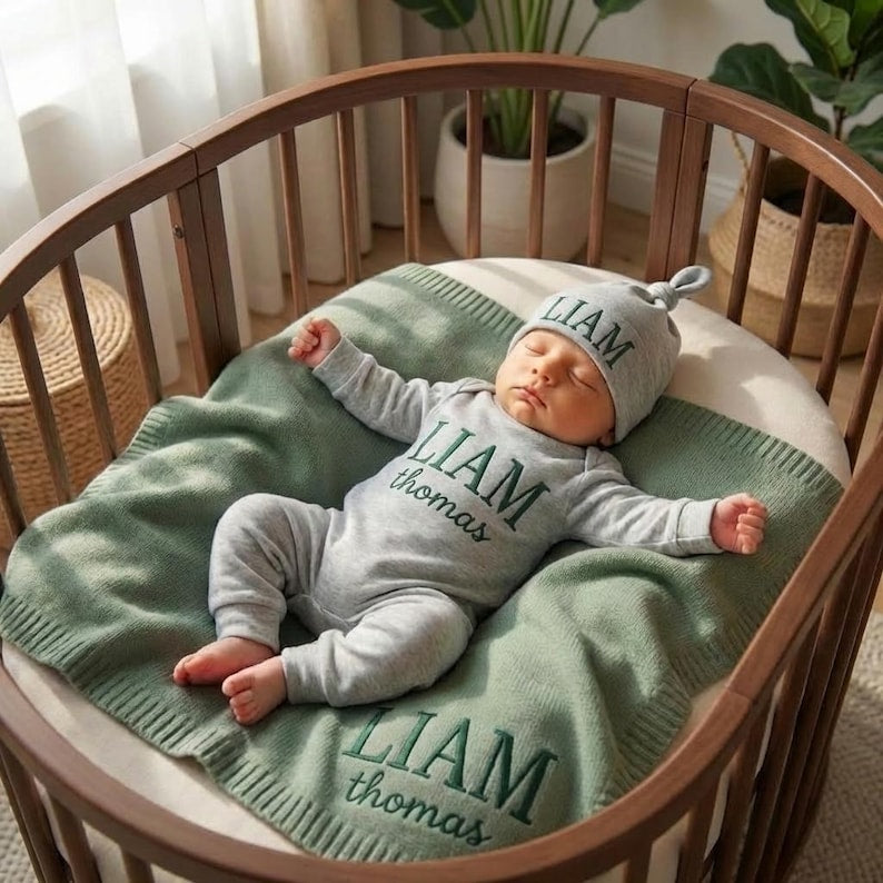 May include: A sleeping baby in a wooden crib, wearing a gray onesie and hat, both embroidered with the name "LIAM" and "thomas" in green. The baby is lying on a green blanket, also embroidered with the name "LIAM thomas".