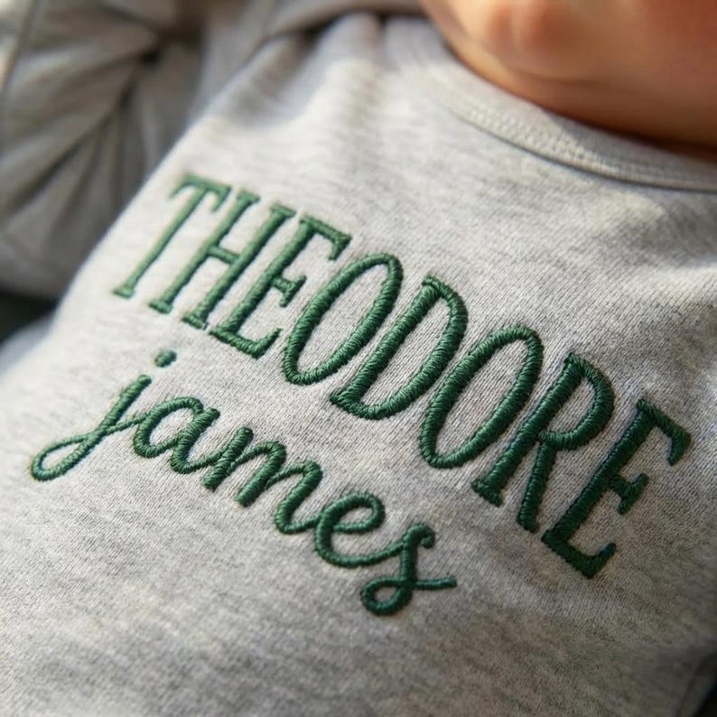 May include: Close-up of a gray baby onesie with the name "THEODORE james" embroidered in green thread. The text is in a classic, elegant font. The onesie is made of soft material.