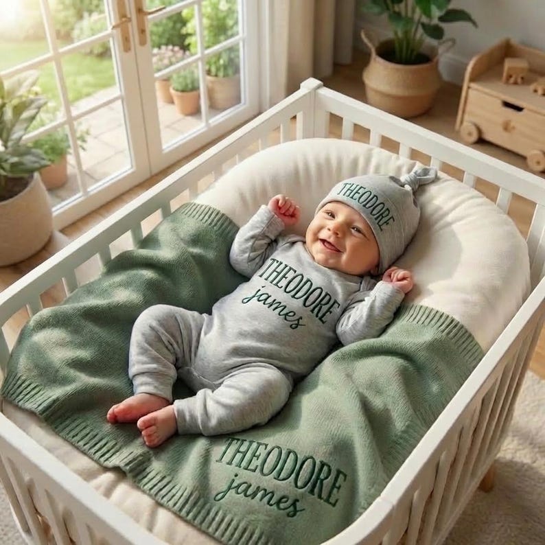May include: A smiling baby wearing a gray onesie and hat, both embroidered with "THEODORE james" in green. The baby is lying in a white crib on a green blanket, also embroidered with the name. The crib is near a window.