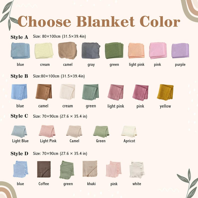 May include: Image displays a color chart for blankets, with options in various styles and colors. The text "Choose Blanket Color" is at the top. Styles A and B are 80 x 100 cm (31.5 x 39.4 in), and styles C and D are 70 x 90 cm (27.6 x 35.