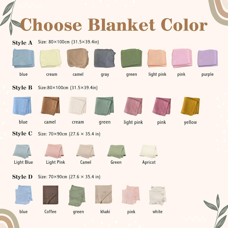 May include: Image displays a color chart for blankets, with options in various styles and colors. The text "Choose Blanket Color" is at the top. Styles A and B are 31.5 x 39.4 inches, and styles C and D are 27.6 x 35.4 inches. Colors inclu
