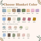 May include: Image displays a color chart for blankets, with options in various styles and colors. The text "Choose Blanket Color" is at the top. Styles A and B are 31.5 x 39.4 inches, and styles C and D are 27.6 x 35.4 inches. Colors inclu