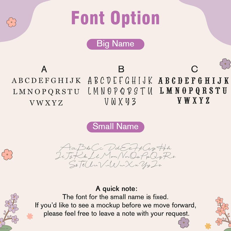 May include: Font options graphic with three "Big Name" font choices: A, B, and C, and a "Small Name" font option. The text "Font Option" is at the top. A note states the small name font is fixed.