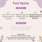 May include: Font options graphic with three "Big Name" font choices: A, B, and C, and a "Small Name" font option. The text "Font Option" is at the top. A note states the small name font is fixed.