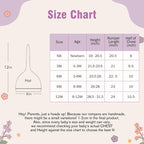 May include: A size chart for baby clothing, featuring measurements in inches. The chart includes sizes from newborn to 12 months, with corresponding height, romper length, and chest measurements. A hat illustration is also included, with d
