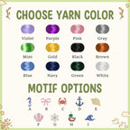 May include: A graphic with the text "CHOOSE YARN COLOR" and "MOTIF OPTIONS". It displays yarn color options in violet, purple, pink, gray, mint, gold, black, brown, blue, navy, green, and white. Motif options include a seahorse, bow, crab,